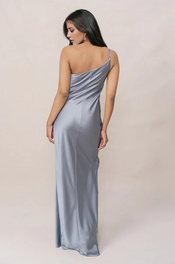 Refined Dusty Blue Satin One-Shoulder Ruched-Bodice Floor-Length Bridesmaid Gown