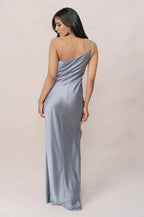 Refined Dusty Blue Satin One-Shoulder Ruched-Bodice Floor-Length Bridesmaid Gown