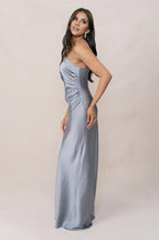 Refined Dusty Blue Satin One-Shoulder Ruched-Bodice Floor-Length Bridesmaid Gown