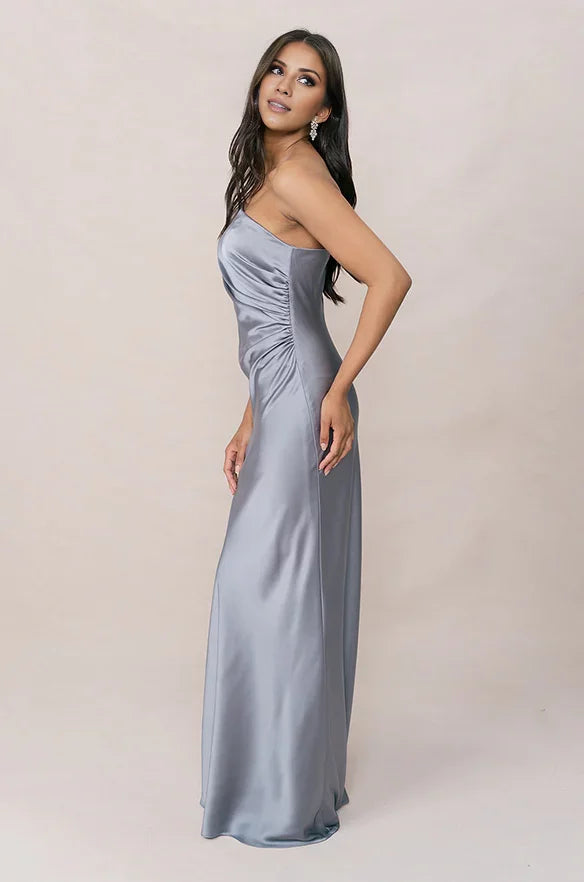 Refined Dusty Blue Satin One-Shoulder Ruched-Bodice Floor-Length Bridesmaid Gown