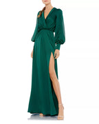 Regal A Line Deep V Neck Puff Sleeve Slit Back Floor Length For Ladies Prom Dress