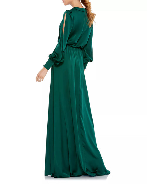 Robe de bal longue pour femme, coupe trapèze, col en V profond, manches bouffantes, dos fendu