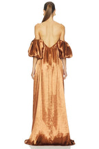 Regal A Line Off Shoulder Puff Sleeve Plunge Back Floor Length Evening Dress