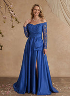 Blue Regal A-Line Off-the-Shoulder Long Sleeve Royal & Evening Gown Mother of the Bride Dress