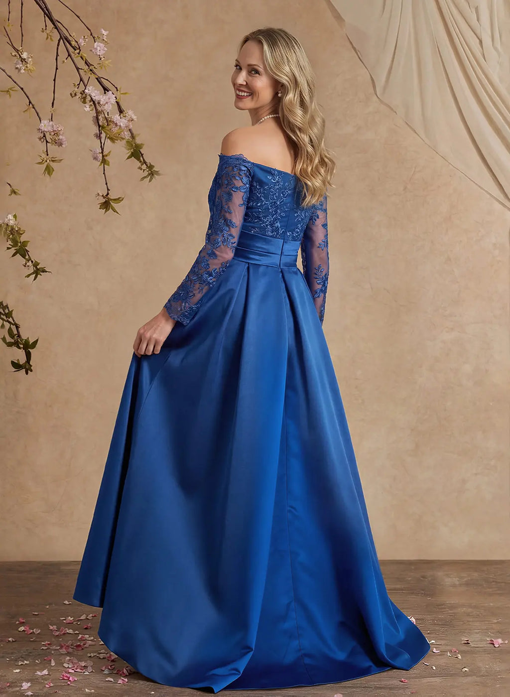 Blue Regal A-Line Off-the-Shoulder Long Sleeve Royal & Evening Gown Mother of the Bride Dress