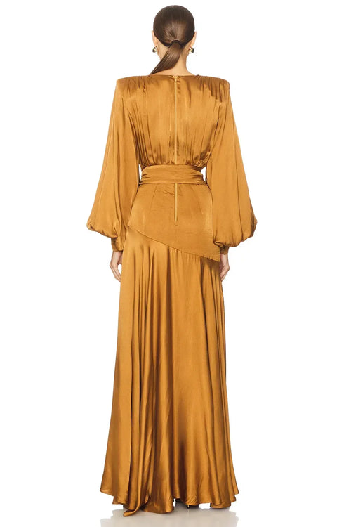 Robe de soirée longue trapèze avec décolleté plongeant, manches bouffantes et fermeture éclair au dos Regal