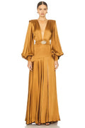 Regal A Line Plunge Neck Puff Sleeve Zipper Back Floor Length Evening Dress