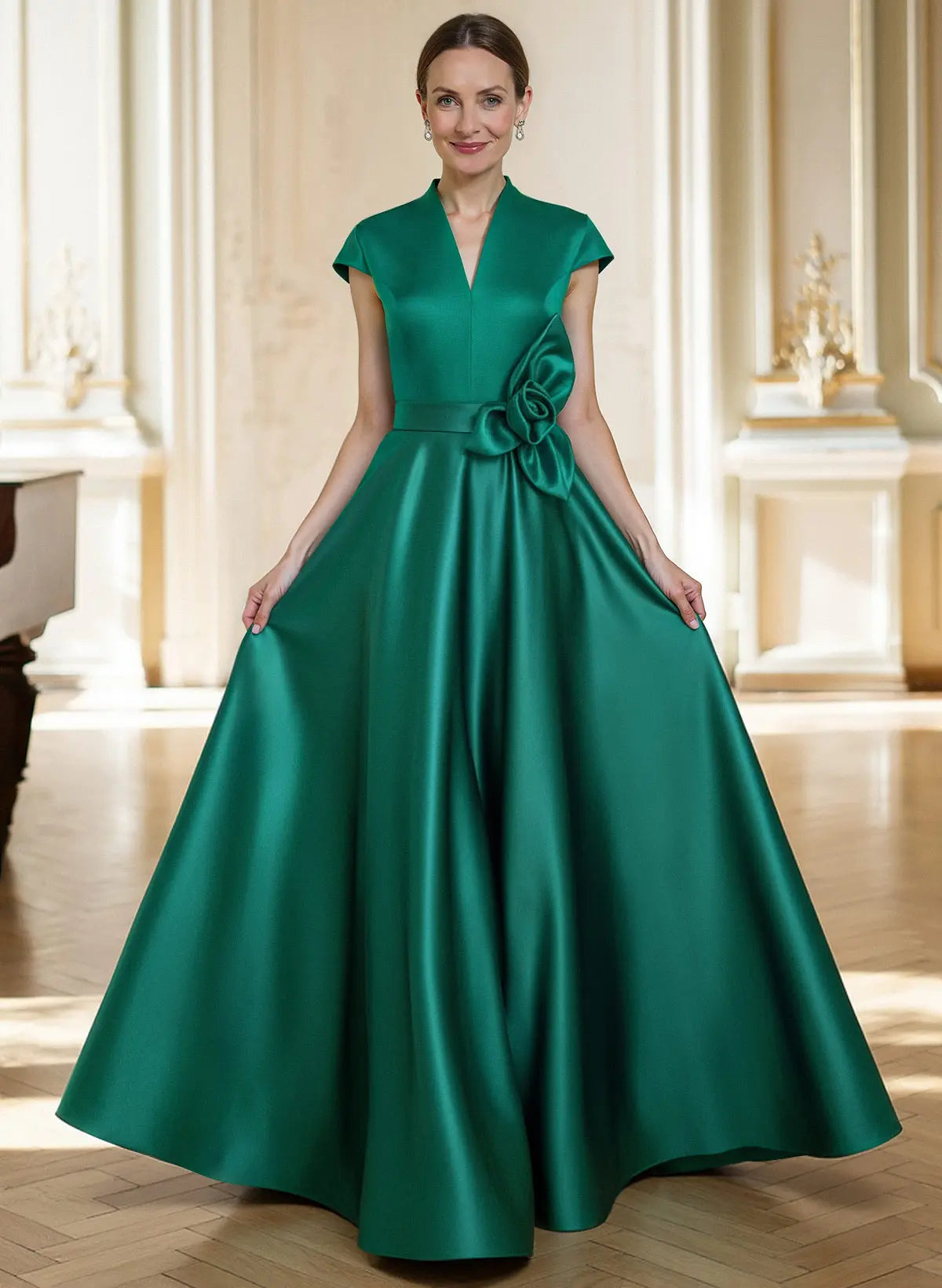 Green Regal A-Line V-Neck Cap Sleeve Emerald Evening Gown with Floral Detail Mother of the Bride Dress