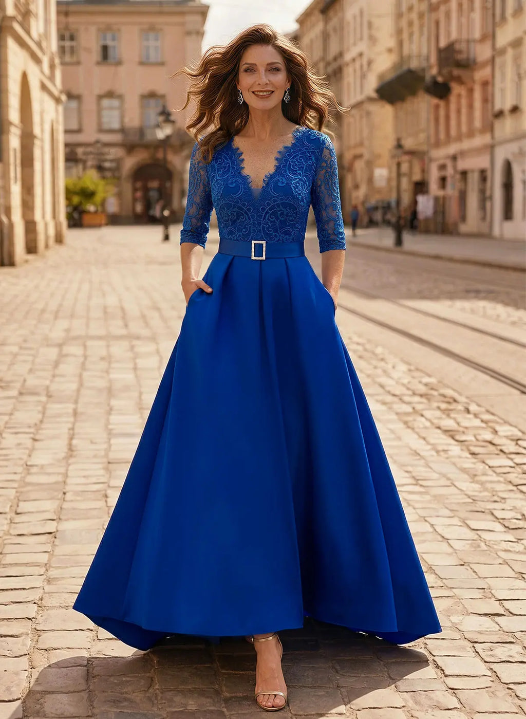 Blue Regal A-Line V-Neck Three-Quarter Sleeve Royal & Evening Gown with Belt Mother of the Bride Dress