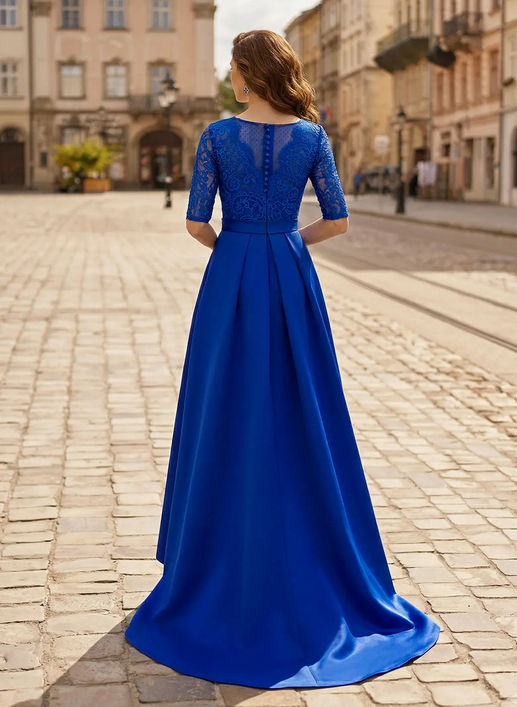 Blue Regal A-Line V-Neck Three-Quarter Sleeve Royal & Evening Gown with Belt Mother of the Bride Dress