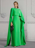 Green Regal Emerald Cape-Sleeve Column Evening Gown with Open Back