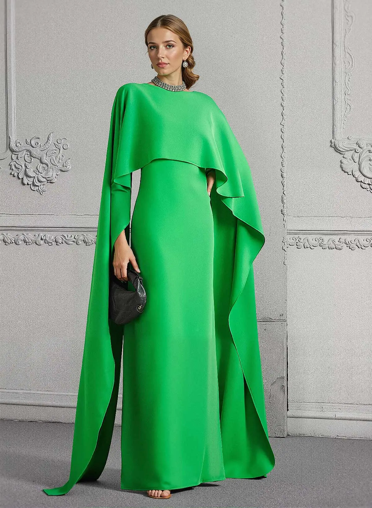 Green Regal Emerald Cape-Sleeve Column Evening Gown with Open Back