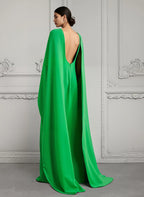 Green Regal Emerald Cape-Sleeve Column Evening Gown with Open Back