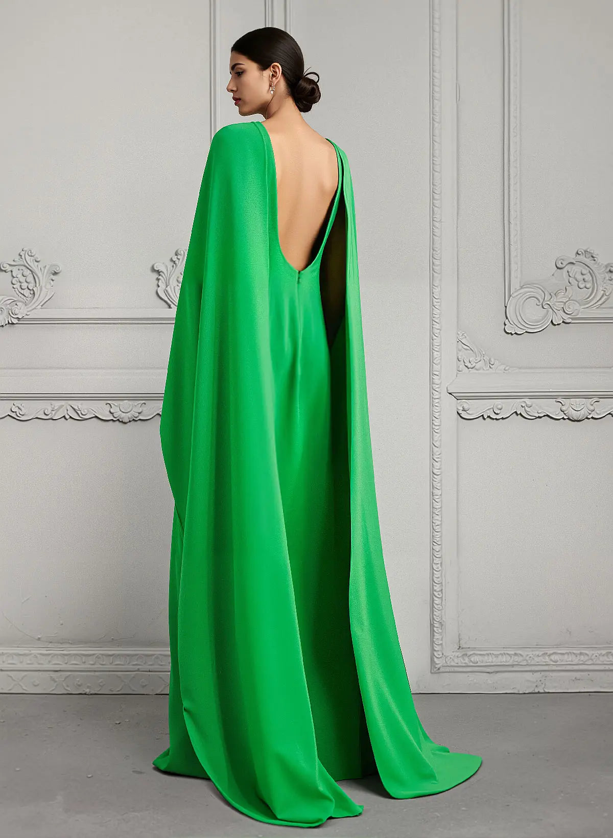 Green Regal Emerald Cape-Sleeve Column Evening Gown with Open Back