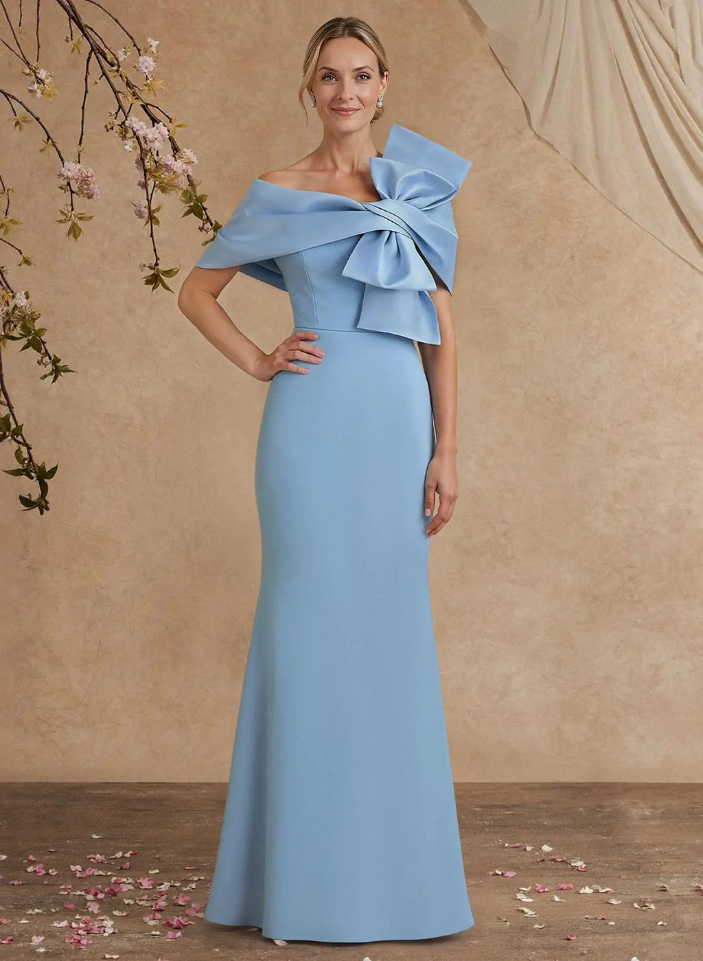 Light Blue Regal Light Off-the-Shoulder Mermaid Evening Gown with Statement Bow Detail