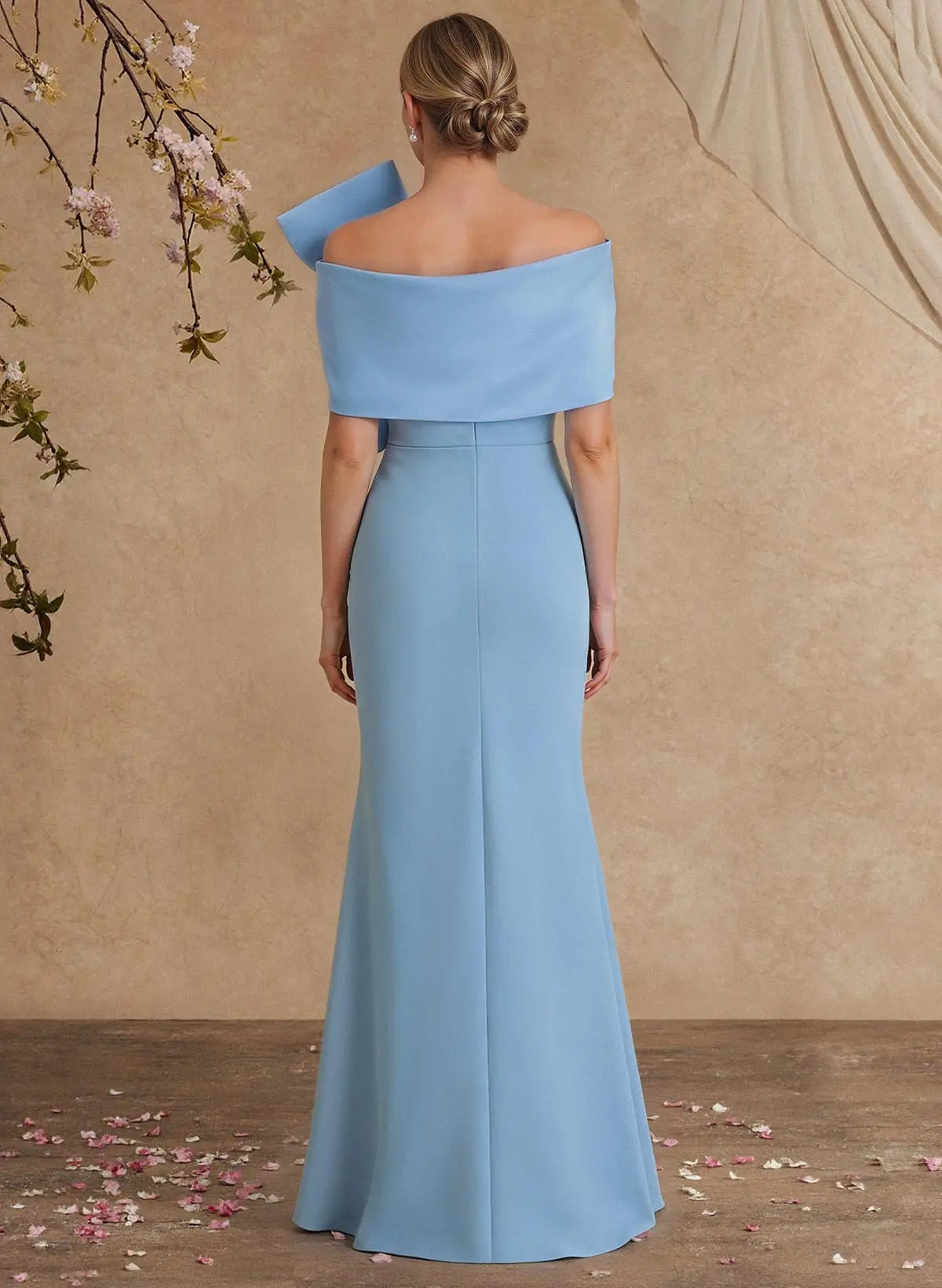 Light Blue Regal Light Off-the-Shoulder Mermaid Evening Gown with Statement Bow Detail