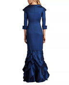 Regal Mermaid Deep V Neck Three Quarter Sleeve Ruffled Train Floor Length For Ladies Prom Dress