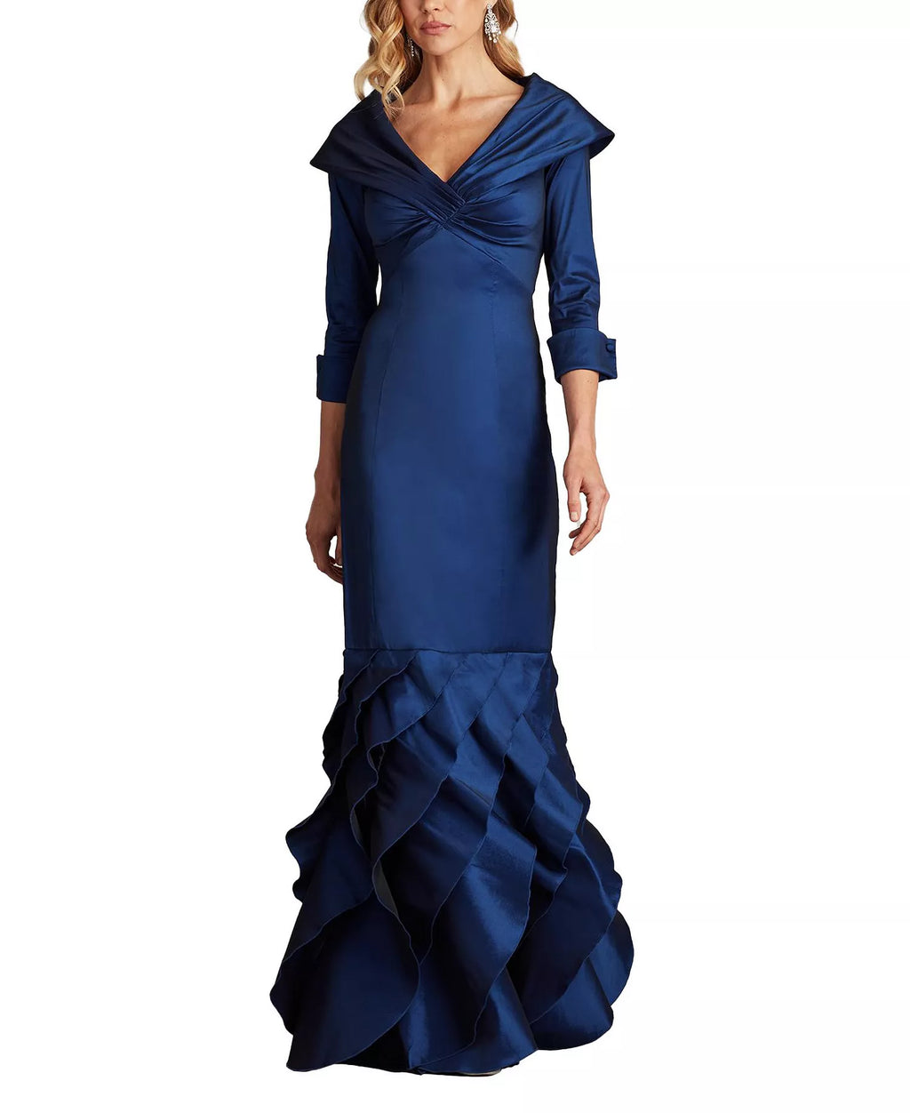 Regal Mermaid Deep V Neck Three Quarter Sleeve Ruffled Train Floor Length For Ladies Prom Dress
