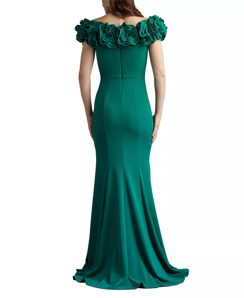 Robe de bal longue pour femme, coupe sirène, épaules dénudées, garniture florale, corsage froncé