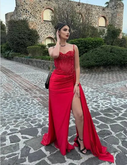 Regal Mermaid Spaghetti Strap Sweetheart Beaded Corset High Slit Floor-Length Evening Gown