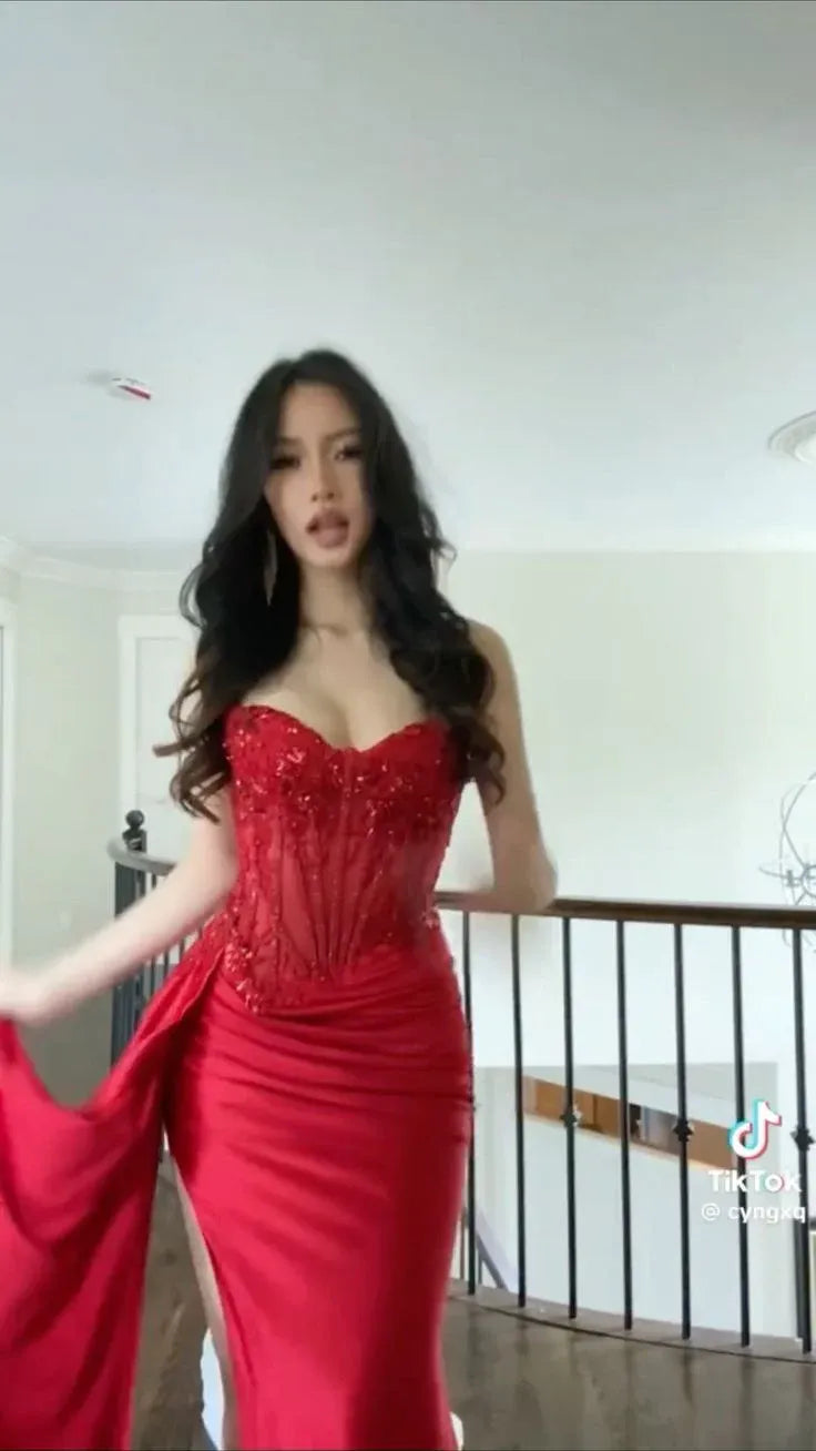 Regal Mermaid Spaghetti Strap Sweetheart Beaded Corset High Slit Floor-Length Evening Gown