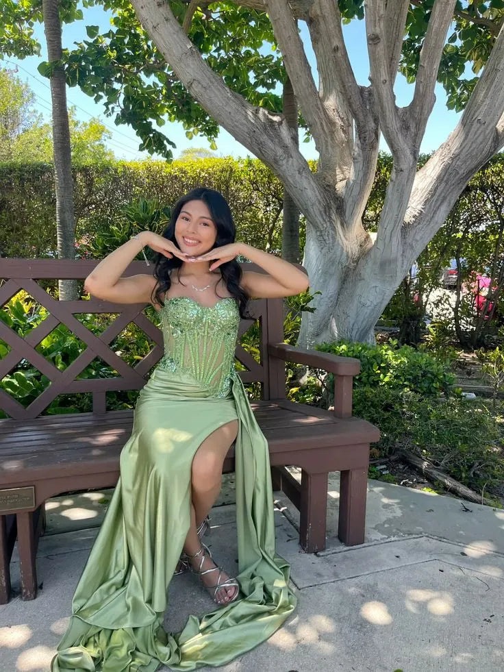 Regal Mermaid Spaghetti Strap Sweetheart Beaded Corset High Slit Floor-Length Evening Gown
