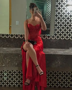 Regal Mermaid Spaghetti Strap Sweetheart Beaded Corset High Slit Floor-Length Evening Gown