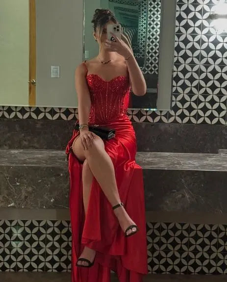 Regal Mermaid Spaghetti Strap Sweetheart Beaded Corset High Slit Floor-Length Evening Gown