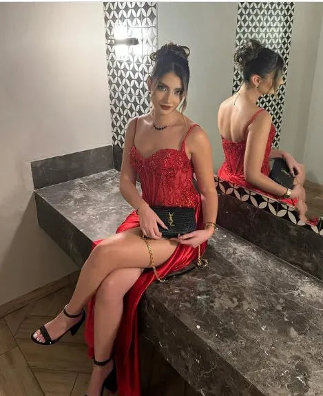 Regal Mermaid Spaghetti Strap Sweetheart Beaded Corset High Slit Floor-Length Evening Gown
