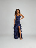 Regal Mermaid Spaghetti Strap Sweetheart Corset Tiered Ruffle High Slit Floor-Length Evening Gown