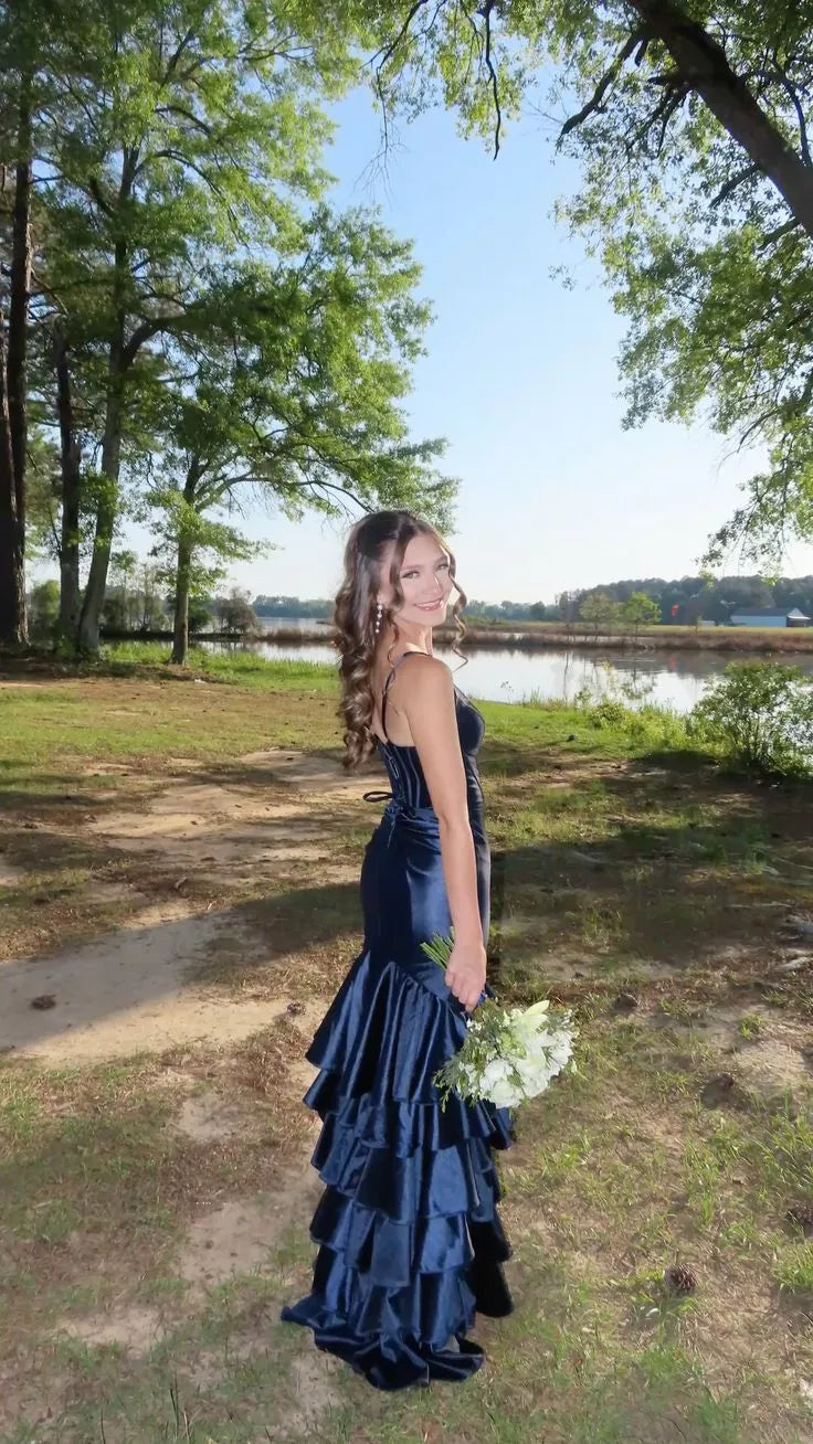 Regal Mermaid Spaghetti Strap Sweetheart Corset Tiered Ruffle High Slit Floor-Length Evening Gown