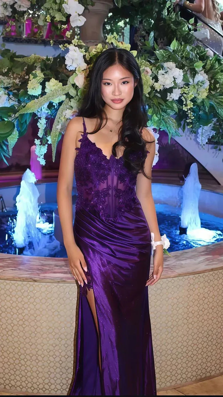 Regal Mermaid Spaghetti Strap Sweetheart Floral Lace-Up High Slit Floor-Length Evening Gown