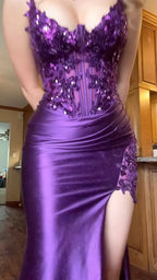 Regal Mermaid Spaghetti Strap Sweetheart Floral Lace-Up High Slit Floor-Length Evening Gown