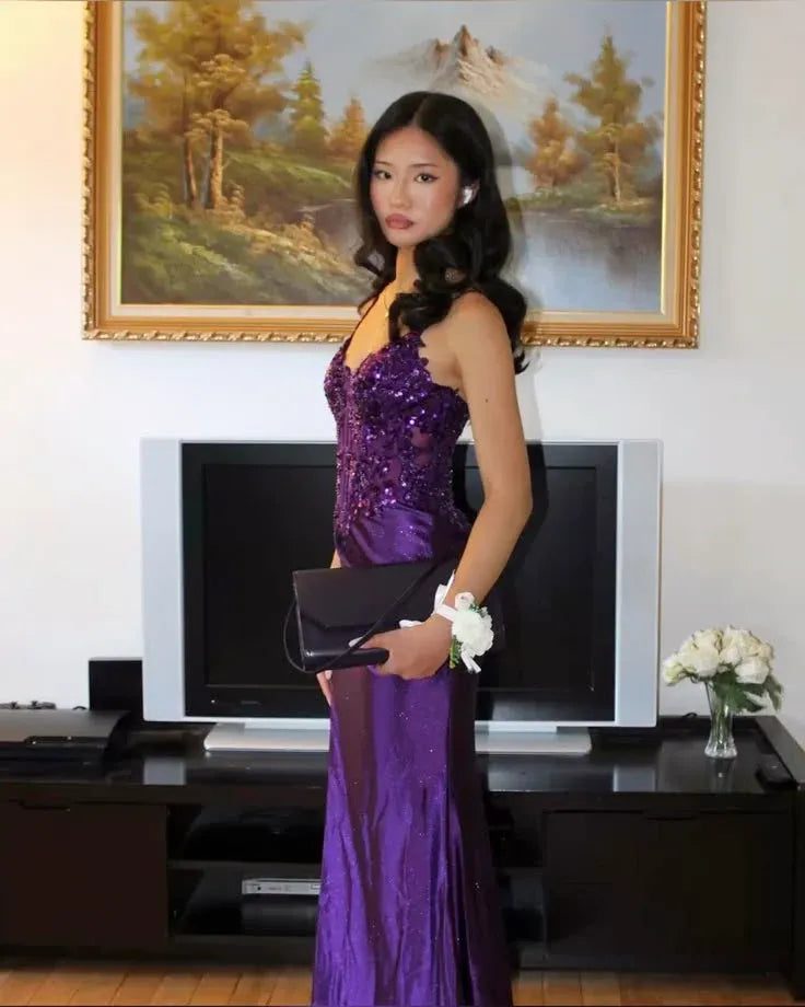 Regal Mermaid Spaghetti Strap Sweetheart Floral Lace-Up High Slit Floor-Length Evening Gown