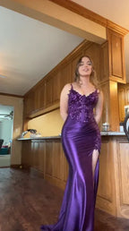 Regal Mermaid Spaghetti Strap Sweetheart Floral Lace-Up High Slit Floor-Length Evening Gown
