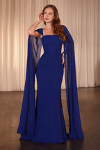 Regal Mermaid Square Neck Cape Sleeve Lace Up Back Floor Length Prom Dress