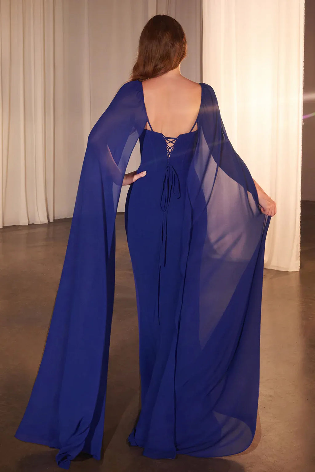 Regal Mermaid Square Neck Cape Sleeve Lace Up Back Floor Length Prom Dress