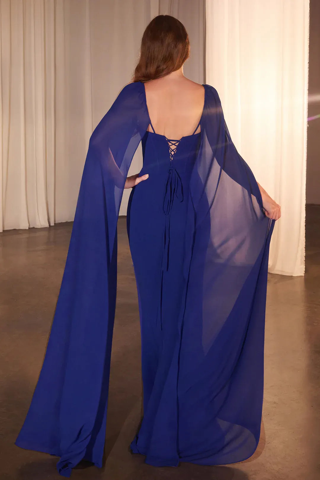 Regal Mermaid Square Neck Cape Sleeve Lace Up Back Floor Length Prom Dress