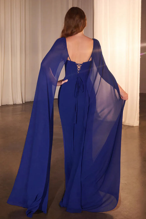 Regal Mermaid Square Neck Cape Sleeve Lace Up Back Floor Length Prom Dress
