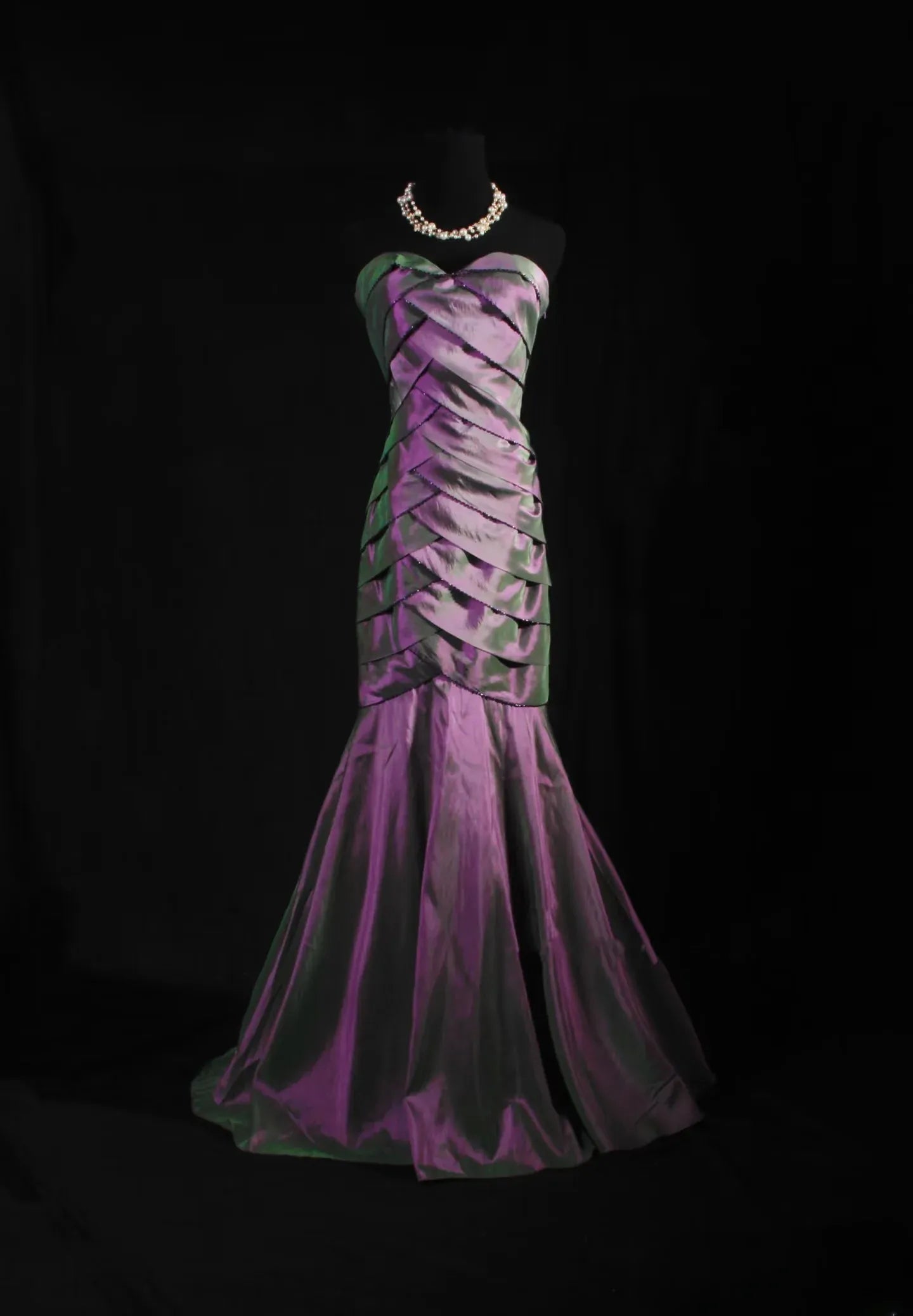 Regal Mermaid Strapless Diagonal Pleated Beaded Iridescent Floor-Length Evening Gown