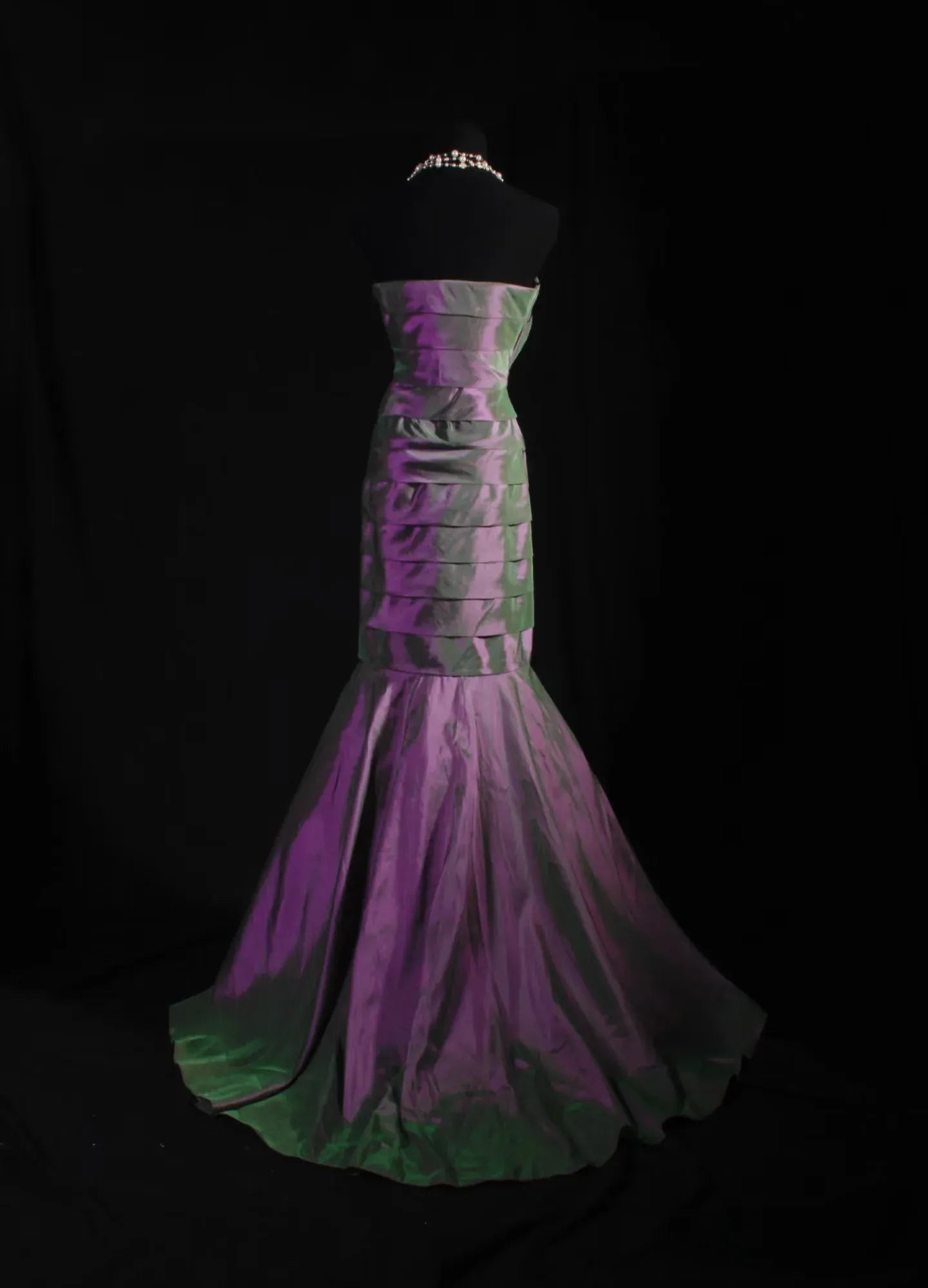 Regal Mermaid Strapless Diagonal Pleated Beaded Iridescent Floor-Length Evening Gown