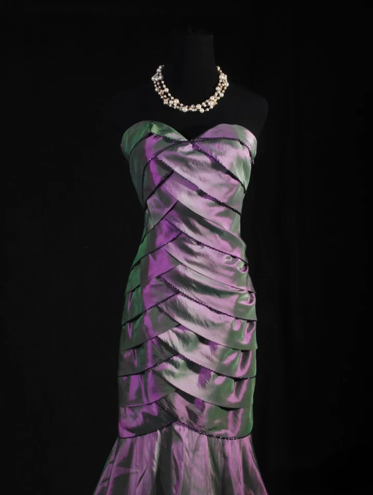 Regal Mermaid Strapless Diagonal Pleated Beaded Iridescent Floor-Length Evening Gown