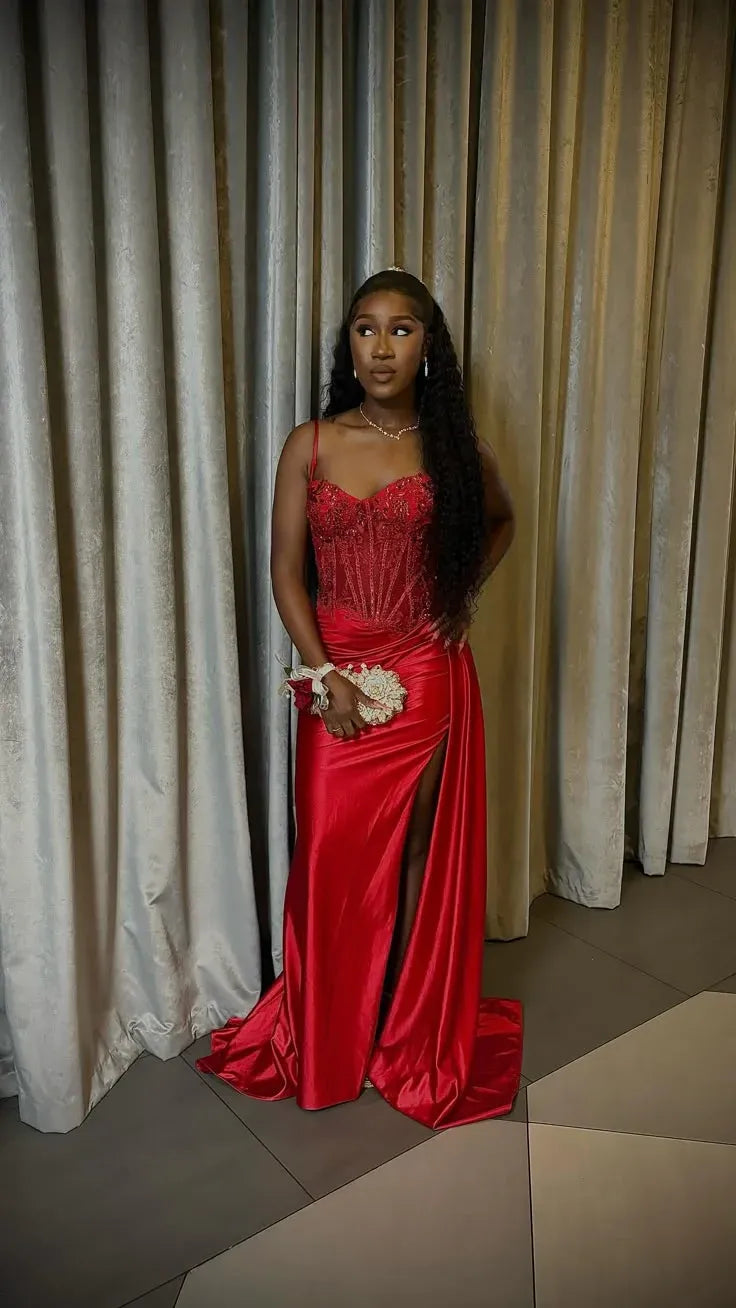Regal Mermaid Sweetheart Corset Beaded High-Slit Floor-Length Evening Gown