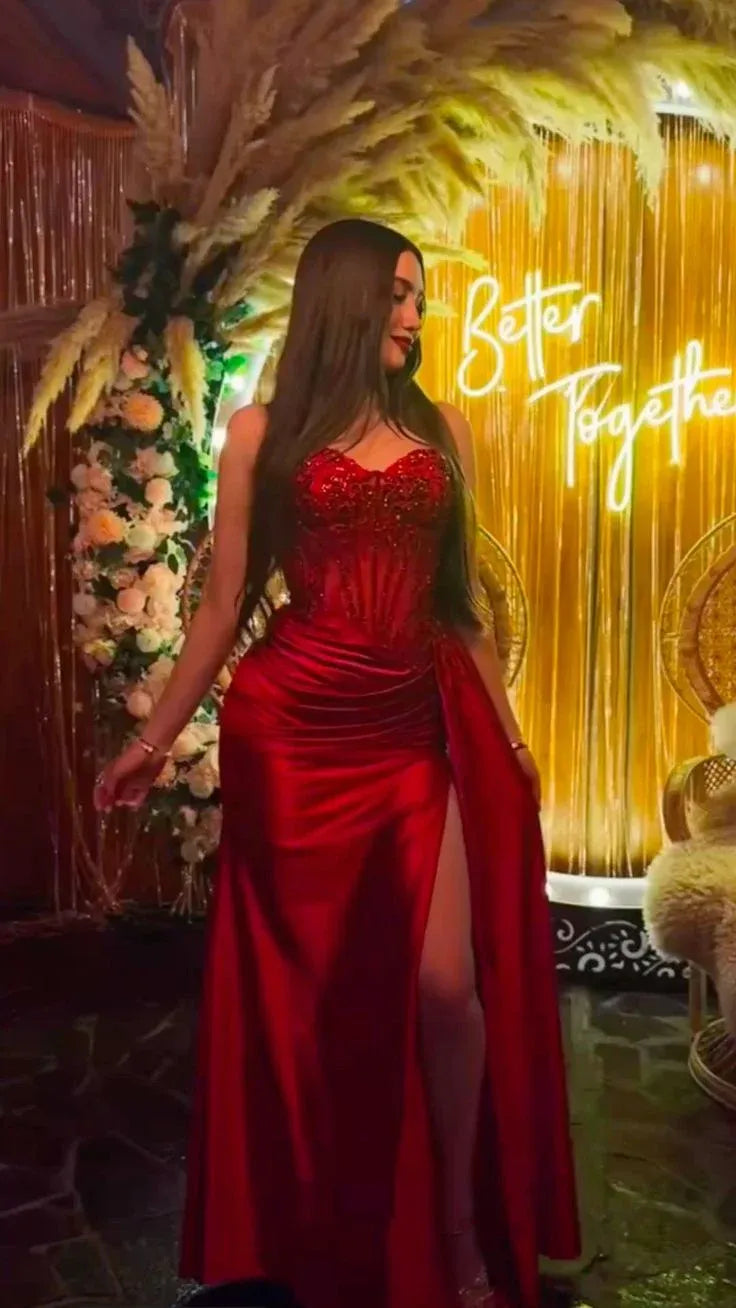 Regal Mermaid Sweetheart Corset Beaded High-Slit Floor-Length Evening Gown