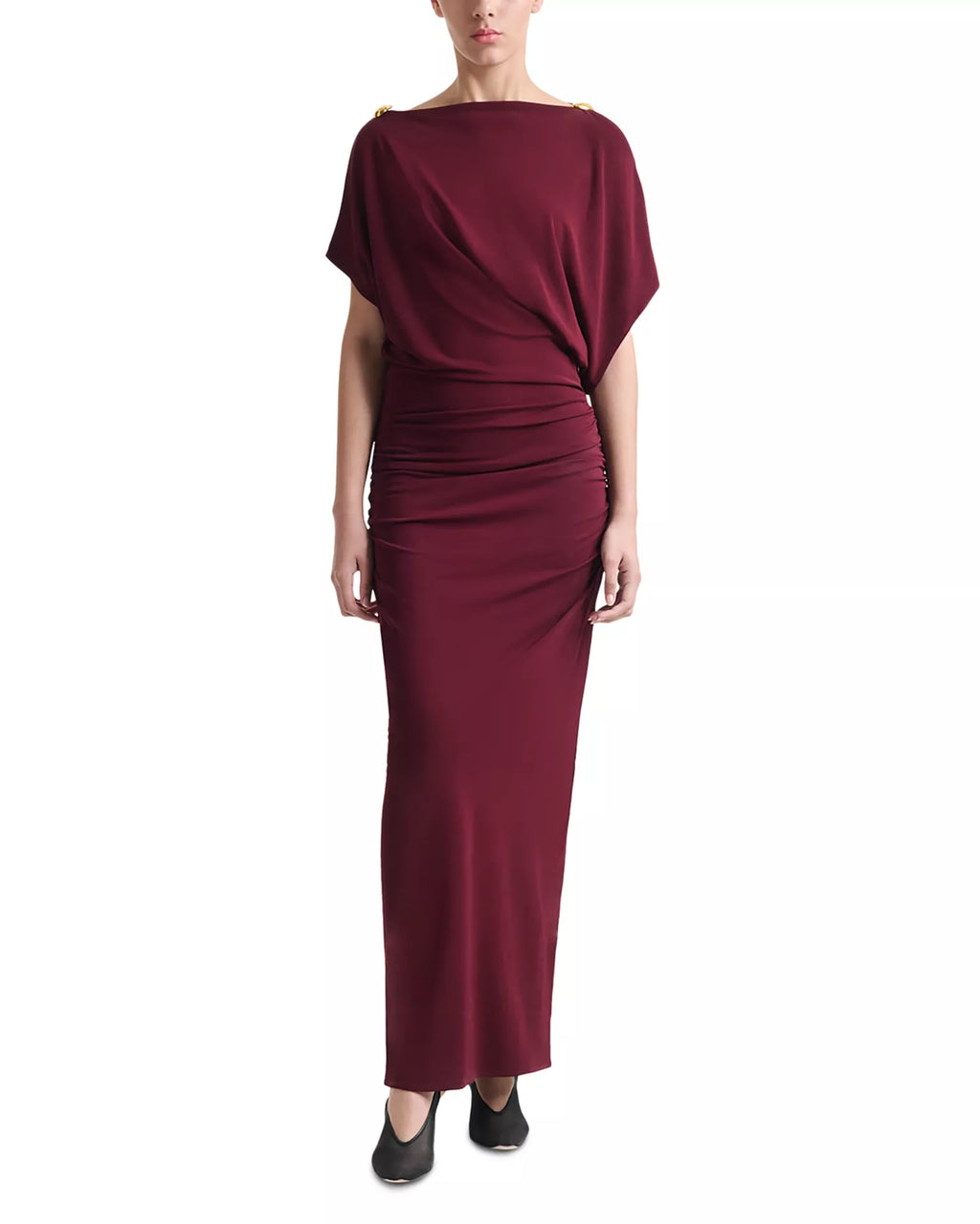 Regal Sheath Boat Neck Batwing Sleeve Ruched Bodice Floor Length For Women Prom Dress