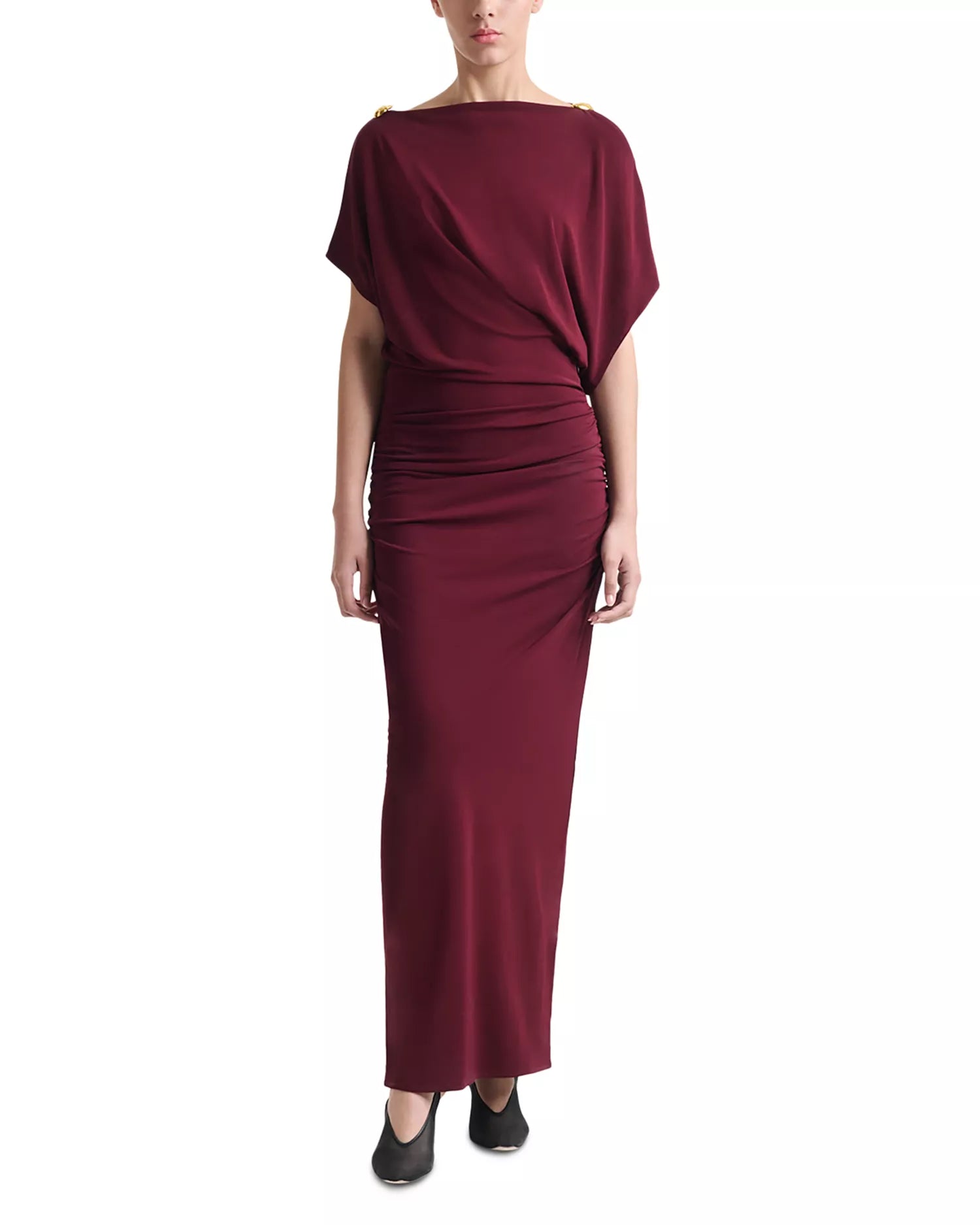 Regal Sheath Boat Neck Batwing Sleeve Ruched Bodice Floor Length For Women Prom Dress