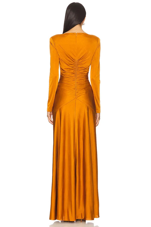 Robe de soirée longue fourreau bateau à manches longues et dos drapé Regal