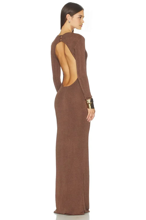 Robe de soirée longue coupe droite à col rond, manches longues et dos découpé Regal