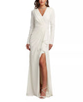 Regal Sheath Deep V Neck Long Sleeve Ruffled Slit Floor Length Hot Sale Prom Dress