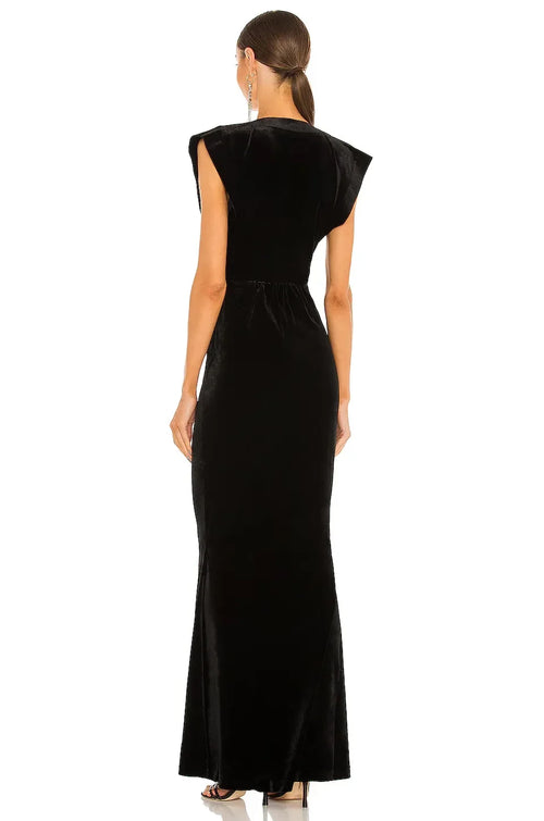 Robe de Soirée Fourreau Longue Col Plongeant Manches Courtes Froncée au Dos Élégante